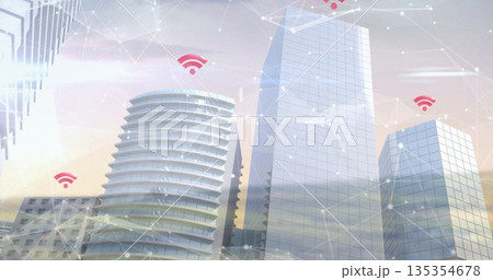 Displaying digital skyline featuring network overlay on glass towers downtown with red Wi-Fi icons Displaying digital skyline featuring network overlay on glass towers downtown with red Wi-Fi icons 135354678