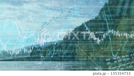 Displaying forested lakeshore blending water with financial candlestick charts and grid overlays Displaying forested lakeshore blending water with financial candlestick charts and grid overlays 135354733