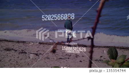 Standing solitary man gazing at sandy shoreline, with floating numeric codes and shrub branch Standing solitary man gazing at sandy shoreline, with floating numeric codes and shrub branch 135354744
