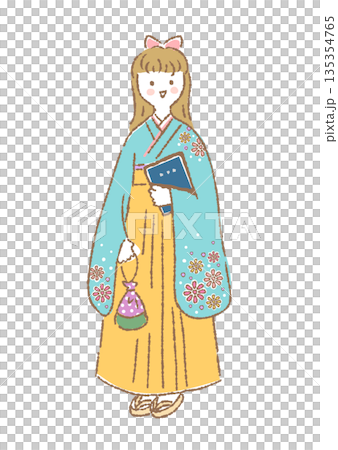 卒業証書を持って袴姿で立つ若い女性のイラスト 135354765