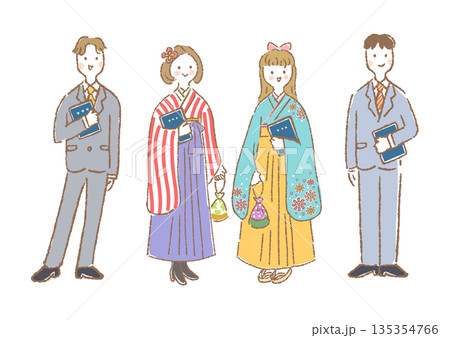 卒業証書を持って立つ正装した学生男女4人のイラスト 135354766