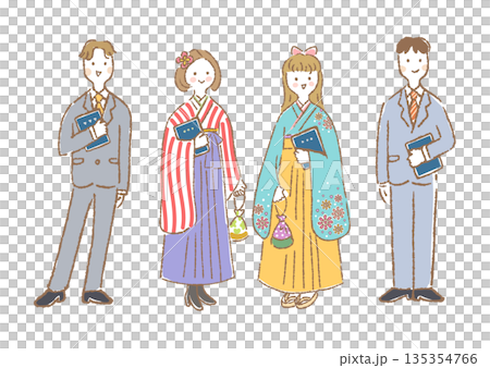 圖：四名身著正裝的男女學生手持畢業證書站立。 135354766