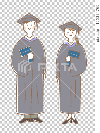 アカデミックガウンを着て立つ男女のイラスト 135354769