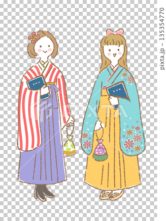 Illustration of two young women standing in hakama holding diplomas Illustration of two young women standing in hakama holding diplomas 135354770