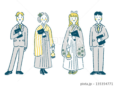 卒業証書を持って正装した学生男女4人のイラスト 卒業証書を持って正装した学生男女4人のイラスト 135354771