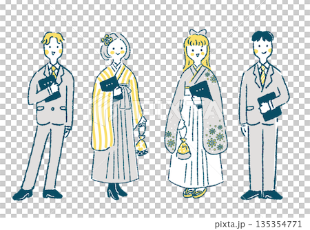卒業証書を持って正装した学生男女4人のイラスト 卒業証書を持って正装した学生男女4人のイラスト 135354771
