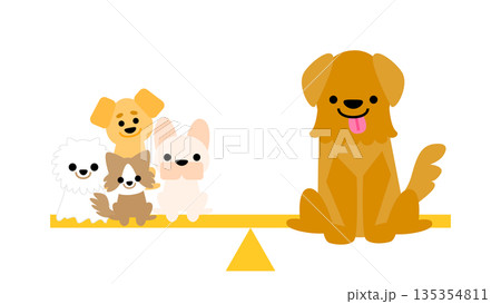 大きな犬と小さな犬たちが並ぶかわいい動物イラスト 135354811