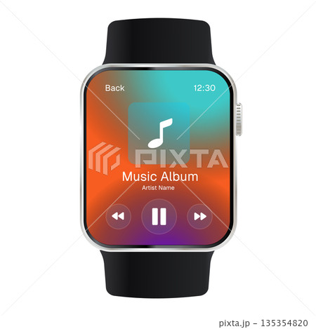 smartwatch music player interface with playback controls on colorful gradient background wearable technology media and entertainment app design vector illustration smartwatch music player interface with playback controls on colorful gradient background wearable technology media and entertainment app design vector illustration 135354820