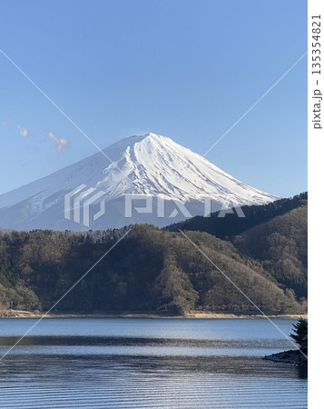 奥河口湖から見る足和田山の向こうにそびえる完全冠雪の白い富士山 奥河口湖から見る足和田山の向こうにそびえる完全冠雪の白い富士山 135354821