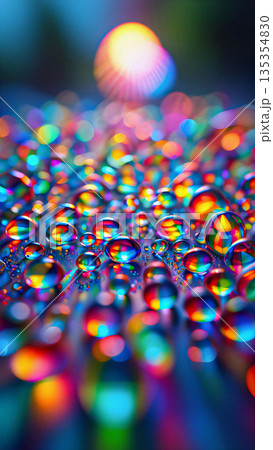 Vibrant rainbow water droplets with bokeh effect.  Water droplets sit on a surface, each acting like a tiny lens displaying a spectrum of colors.  135354830