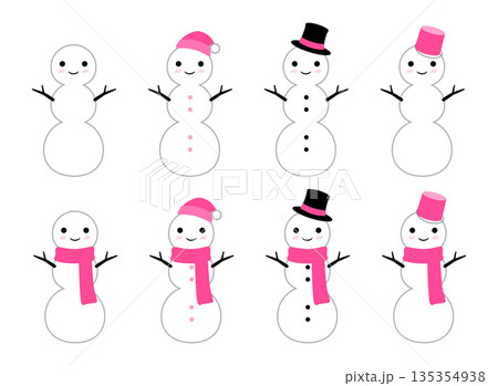 かわいい雪だるま　3段　主線セット　ピンク 135354938