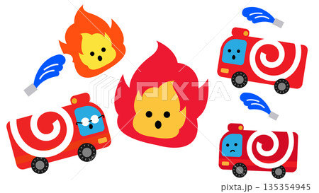 火の玉と消防車が集まったかわいい防災イラスト 135354945