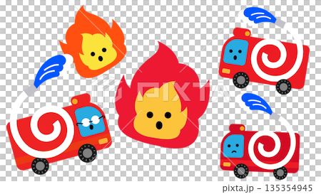 火の玉と消防車が集まったかわいい防災イラスト 135354945