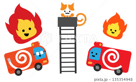 はしご車で消火する消防車と炎のかわいい防災イラスト 135354948