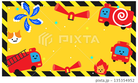 防災モチーフが囲む工事現場風のかわいいフレームイラスト 防災モチーフが囲む工事現場風のかわいいフレームイラスト 135354952