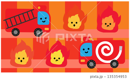 火事の現場に出動する消防車と炎のかわいい防災イラスト 火事の現場に出動する消防車と炎のかわいい防災イラスト 135354953