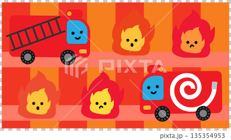 火事の現場に出動する消防車と炎のかわいい防災イラスト 火事の現場に出動する消防車と炎のかわいい防災イラスト 135354953