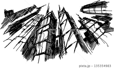 hand drawn architectural sketch of a modern abstract city architecture and skyscrapers and tall building 135354983
