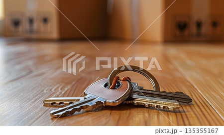 新居の鍵と引っ越し段ボール 新居の鍵と引っ越し段ボール 135355167