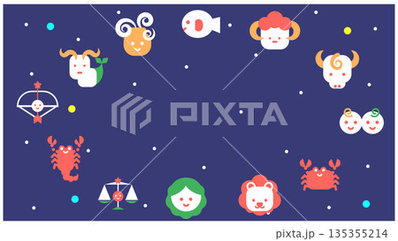 十二星座のキャラクターが集まったかわいいイラストセット 135355214