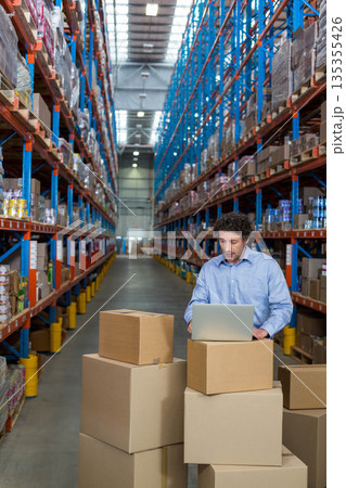 Male standing in warehouse aisle using laptop on stacked boxes by shelves, pallets, copy space 135355426