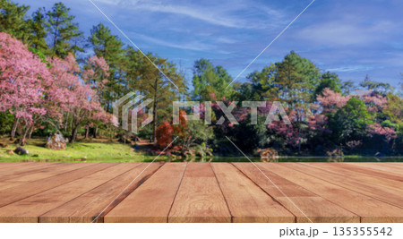 perspective wooden board over blurred naturel background perspective wooden board over blurred naturel background 135355542