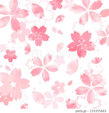 桜の手描き風の和風花びら背景_背景なし_正方形 135355663