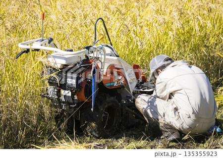 稲刈りイメージ 手押しの稲刈り機バインダーの不具合を調整する男性 稲刈りイメージ 手押しの稲刈り機バインダーの不具合を調整する男性 135355923