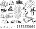 many hand drawn architectectural sketches of a modern abstract fantastic architecture and urban ideas, buildings and people 135355969