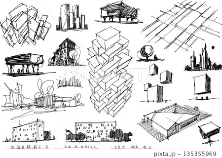 many hand drawn architectectural sketches of a modern abstract fantastic architecture and urban ideas, buildings and people 135355969
