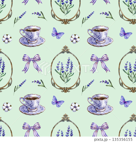 Seamless watercolor pattern with lavender sprigs, cotton flowers, teacups, bows and vintage frames. Provence inspired floral design for textiles, stationery, packaging, home decor, tea branding and Seamless watercolor pattern with lavender sprigs, cotton flowers, teacups, bows and vintage frames. Provence inspired floral design for textiles, stationery, packaging, home decor, tea branding and 135356155