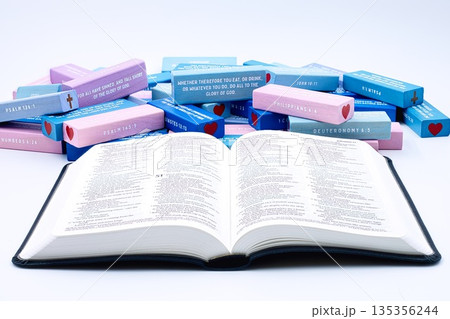 Open Bible With Bible Verse Blocks In Background Open Bible With Bible Verse Blocks In Background 135356244