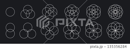 Intersecting circles set. Circle Venn diagram with four, five and six parts. Infographic chart line icon. 2,3,4 overlap balance elements diagram. Vector illustration isolated on black background 135356284