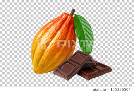 イラスト、カカオ、チョコレート、カカオの実、実、カカオポッド、白バック、チョコ、お菓子、果実、バレン 135356504