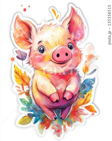 cute cheerful cartoon piglet on white background 135356515