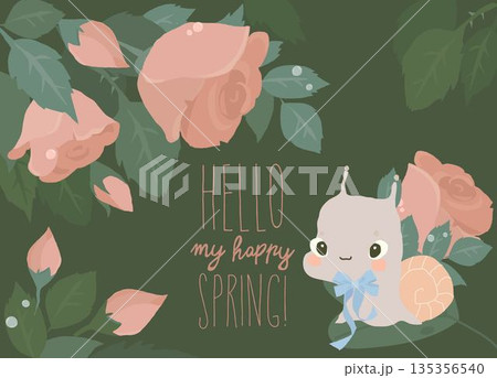 Greeting Card with Little Snail sitting in Pink Roses Greeting Card with Little Snail sitting in Pink Roses 135356540