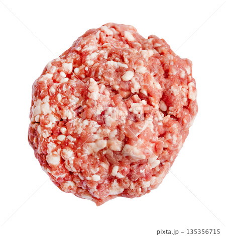Close-up of pink-red with white speckles, round-shaped minced raw meat, semi-finished product. 135356715