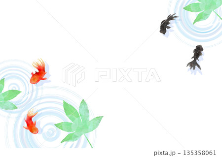 上から見た金魚と葉と水面の波紋　ミニマルな和風イラスト 135358061