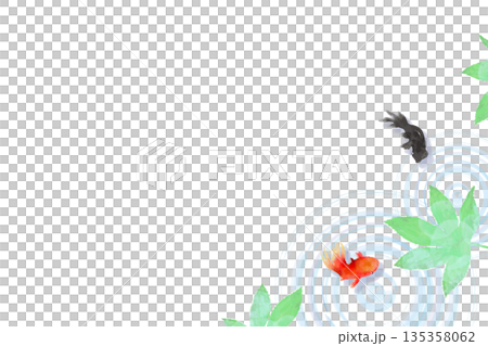 A minimalist Japanese-style illustration of goldfish, leaves, and ripples on the water surface seen from above 135358062