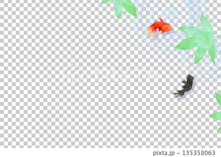 A minimalist Japanese-style illustration of goldfish, leaves, and ripples on the water surface seen from above 135358063