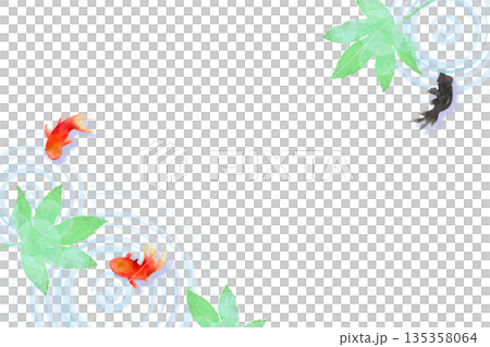 A minimalist Japanese-style illustration of goldfish, leaves, and ripples on the water surface seen from above 135358064