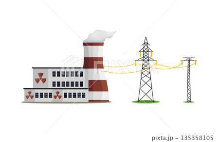 Clean nuclear power plant generating sustainable electricity for the future, illustration depicting environmentally friendly energy production infrastructure and power grid, voltage power lines 135358105