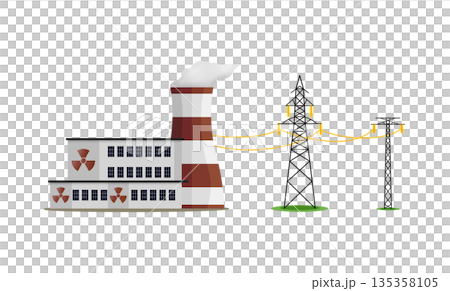 Clean nuclear power plant generating sustainable electricity for the future, illustration depicting environmentally friendly energy production infrastructure and power grid, voltage power lines 135358105