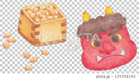 節分の豆と鬼のお面のイラスト 135358143