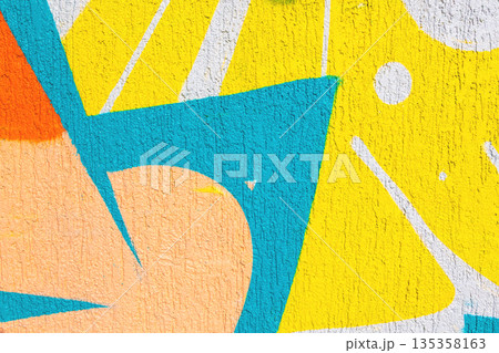 Abstract Geometric Mural in Blue, Yellow, Orange for Retro 80s, Pop Art Style 135358163