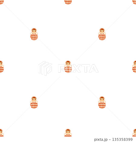 Seamless vector pattern with cute roly poly doll inspired by Russian folk toy and vintage circus aesthetics. Minimal flat illustration on white background, playful retro character, perfect for kids 135358399