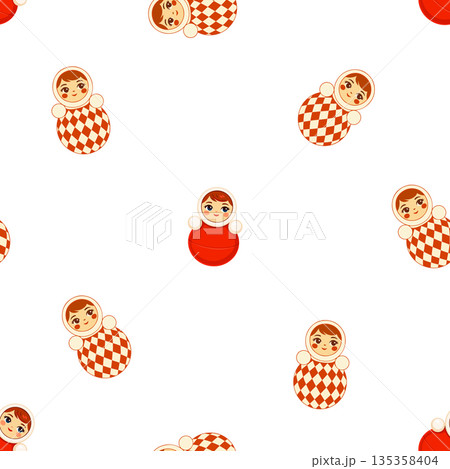 Seamless vector pattern with cute matryoshka roly poly dolls in vintage circus style. Russian folk toy illustration with harlequin costume, playful retro design for kids fabric, wrapping paper 135358404