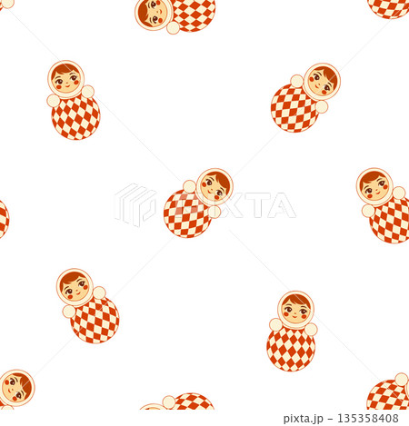Seamless vector pattern with cute matryoshka roly poly dolls in vintage circus style. Russian folk toy illustration with harlequin costume, playful retro design for kids fabric, wrapping paper 135358408