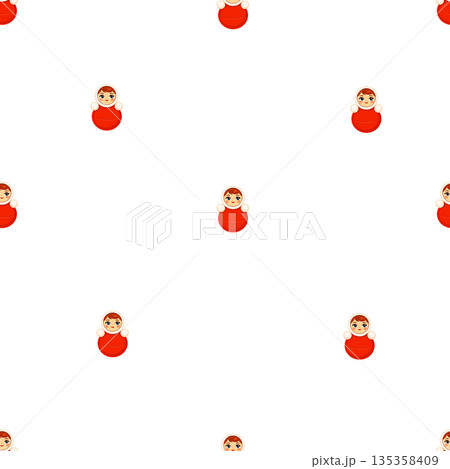 Seamless vector pattern with cute roly poly doll inspired by Russian folk toy and vintage circus aesthetics. Minimal flat illustration on white background, playful retro character, perfect for kids 135358409