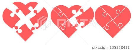Heart puzzle icons set with jigsaw cuts in complete and broken shapes bold red design for love relationship concept infographic game symbols emotional illustration and picture elements Heart puzzle icons set with jigsaw cuts in complete and broken shapes bold red design for love relationship concept infographic game symbols emotional illustration and picture elements 135358431